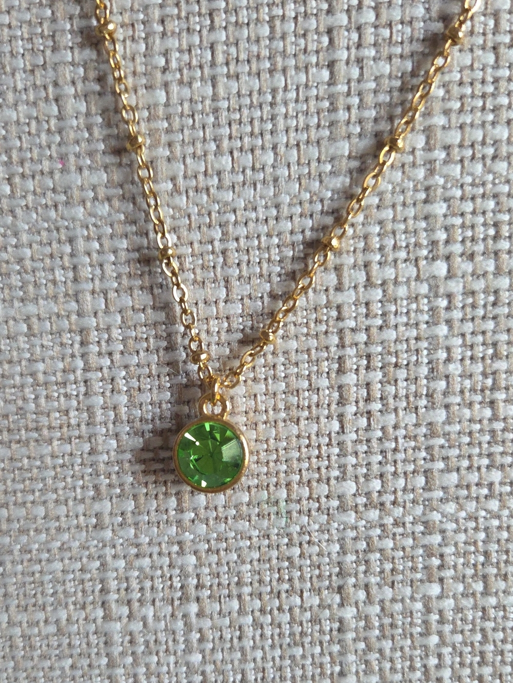 1928 Signed Dainty Gold Chain Necklace with Green Crystal Pendant